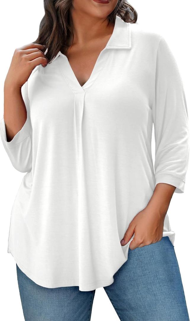 REDHOTYPE Womens Plus Size Tops 3/ 4 Sleeve Shirts Collared V Neck Blouses Casual Work Tunic Tops, White, 3X