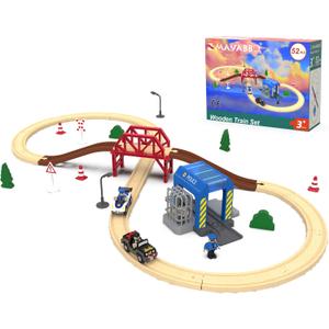 Wooden Train Set for Toddlers, 52Pcs Train Toy with Railway Track for Kids, Wooden Train Tracks Include Expansion Pack Compatible with Thomas, Brio, Chuggington