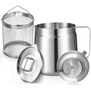 68oz Mini Deep Fryer Pot, Premium 304 Stainless Steel with Frying Basket & Strainer, Multi-Use Bacon Grease Container, Lightweight Portable for Kitchen, Camping & RV, Dishwasher Safe