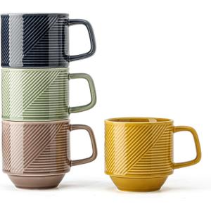 Stackable Coffee Mugs Set: 13 oz Ceramic Stacking Cups for Cappuccino Latte Tea - Microwave Safe Mug for Home & Office - 4 PCS, 4 Color Assorted