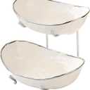 jessie 2 Tier Ceramic Fruit Bowl for Kitchen Counter with Metal Rack, Fruit Basket with Stand, Porcelain Bowls for Vegetable Bread Candy Snack Nuts Dessert Cake Tray (Silver 2 layer)