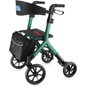 WALK MATE Rollator Walker for Seniors Taller 5.3~7ft with Height-Adjustable Seat, 10 Inch Wheels Wire-Hidden Walkers Compact Folding Design Lightweight Mobility Walking Aid Widen Backrest, Green
