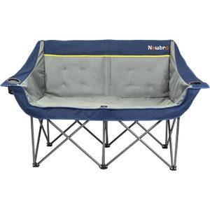 Oversized Double Camping Chair for Adults, Fully Padded Folding Camping Chairs Loveseat, Big Heavy Duty Outdoor Patio Lawn Chair with Arm Cup Holder, Navy and Gray