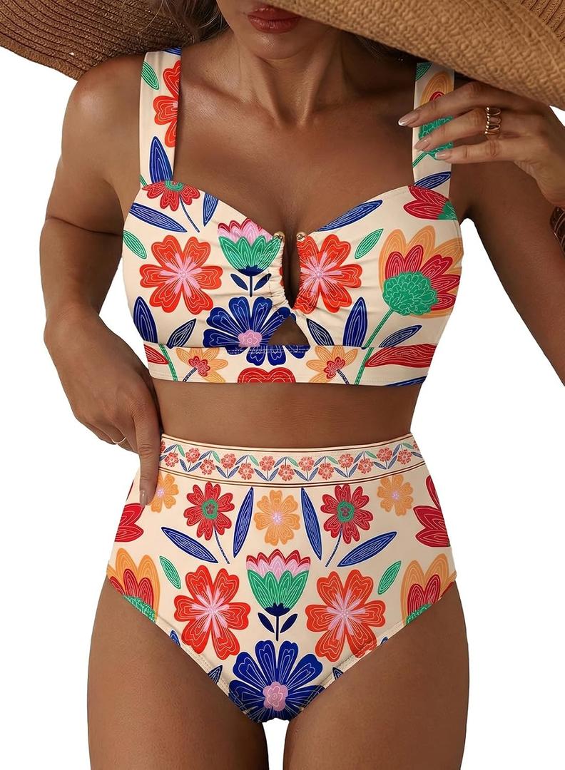 Herseas Women's 2 Piece U Wire Cutout Bikini Sets Floral Print High Waisted Swimsuit 2026 Summer Beach Swim Bathing Suit (XXL)
