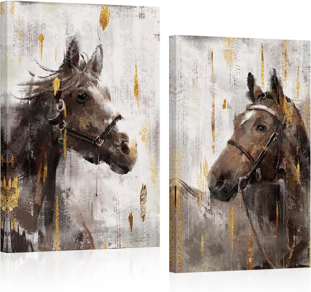 Apicoture Wall Art - Horse Portrait Painting, Rustic Art Print, Framed Canvas Prints, 16''x24'', Living Room Decor, 2 Pieces