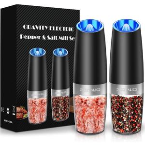 Sweet Alice Gravity Electric Pepper and Salt Grinder Set, Adjustable Coarseness, Battery Powered with LED Light, One Hand Automatic Operation, Stainless Steel Black, 2 Pack (2.5*2.5*7.9inch, Set/Black)