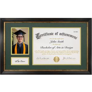 11x19 Diploma Frame, Display for 8.5x11 Certificate & 4x6 Photos, Tempered Glass with Acid-Free Green over Gold Mat, Degree Frame for Graduation, Brown with Gold Trim