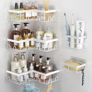 Liuoud Corner Shower Caddy 5 Pack, Rustproof Stainless Steel Shower Organizer with Soap Rack Toothbrush Holder, Large Capacity Adhesive No Drilling Bathroom Kitchen & Home Decor Set, White