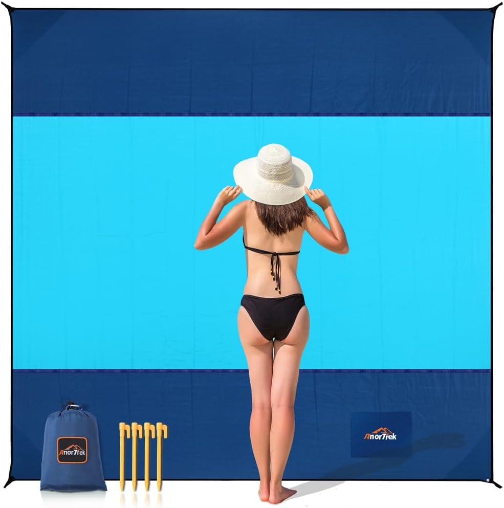 AnorTrek Beach Blanket Sandproof, Extra Large Beach Mat, Sand Free Mat Quick Drying, Lightweight, Soft & Durable Mat for Beach, Yard (Dark Blue & Blue, 6.6 x 6.6 FT (14 Person))