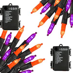 TW SHINE Battery Operated Halloween Lights, 2 Pack Total 100 LED 32 FT Orange and Purple Lights Outdoor, Waterproof Mini String Light with 8 Modes, Halloween Decorations for Indoor Patio Party Decor