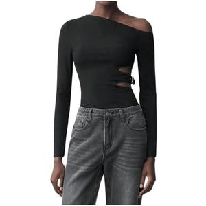 MakeMeChic Women's Off Shoulder Tops Long Sleeve Hollow Out Slim Fit Asymmetrical Going Out Blouse Shirts,M