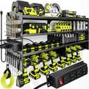 Large Power Tool Organizer Wall Mount with Charging Station,4 Layer Heavy Duty Metal Tool Storage Rack Loads 600lbs with 8 Cordless Drill Holder,Battery Utility Rack Loads with 4 Power Strip (Black)