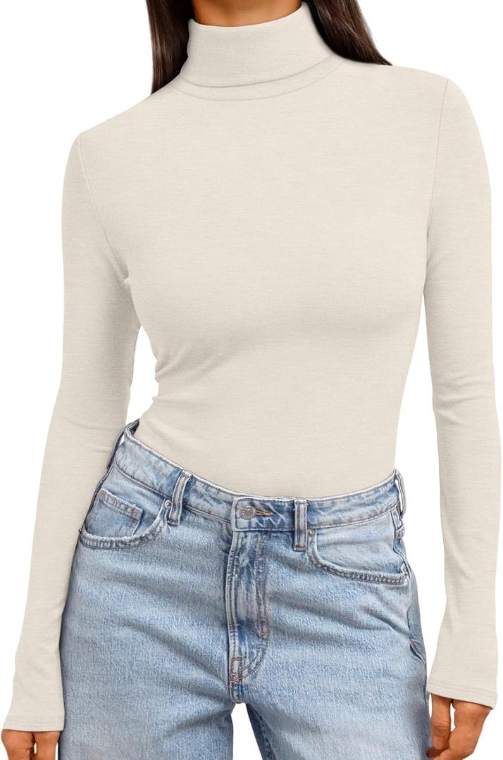 Trendy Queen Women's Turtleneck Long Sleeve Shirts Basic Underwear Tops Winter Clothes 2026 (Beige, XS)