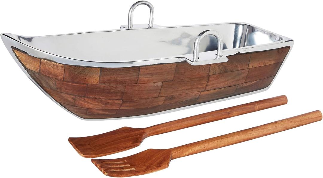 Godinger Wood Lined Boat Bowl with Salad Server, Silver