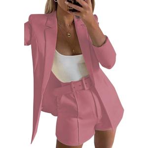 Tcremisa Blazer Shorts Set for Women 2 Piece Long Sleeve Open Front Blazers Short Suits Business Outfits with Belt, XL