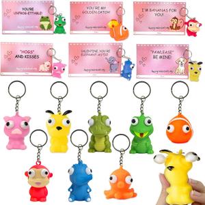 4E's Novelty 24 Pack Valentines Cards with Popping Eye Animals, Pop Out Eyes Squeeze Toy Keychain with Cards, Valentines Day Gifts for Kids Classroom Exchange for Kids Party Favors Bulk