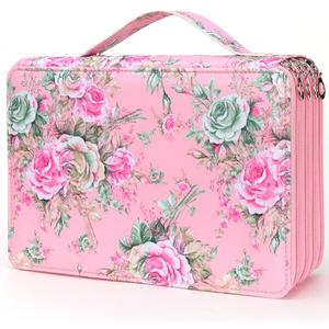Vomgomfom Colored Pencil Case - 200 Slot Pencil Holder with Zipper Closure, Twill Fabric Large Capacity Pencil Case for Watercolor Pens or Markers, Artist Organizer (Pink Rose)