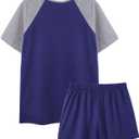 Hilinker Womens 2 Piece Pajama Set Short Sleeve Top with Shorts Sleepwear Summer Lounge Sets Grey Blue Medium (Blue, M)