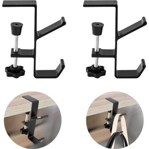 Desk Mount Bag Holder Hook Clamp,On Backpack Hanger Portable Desk Mount Headphones Holder for Reduce Desk Clutter Table Desk Table Hanging Storage(2 Pcs-Double Hook Black)