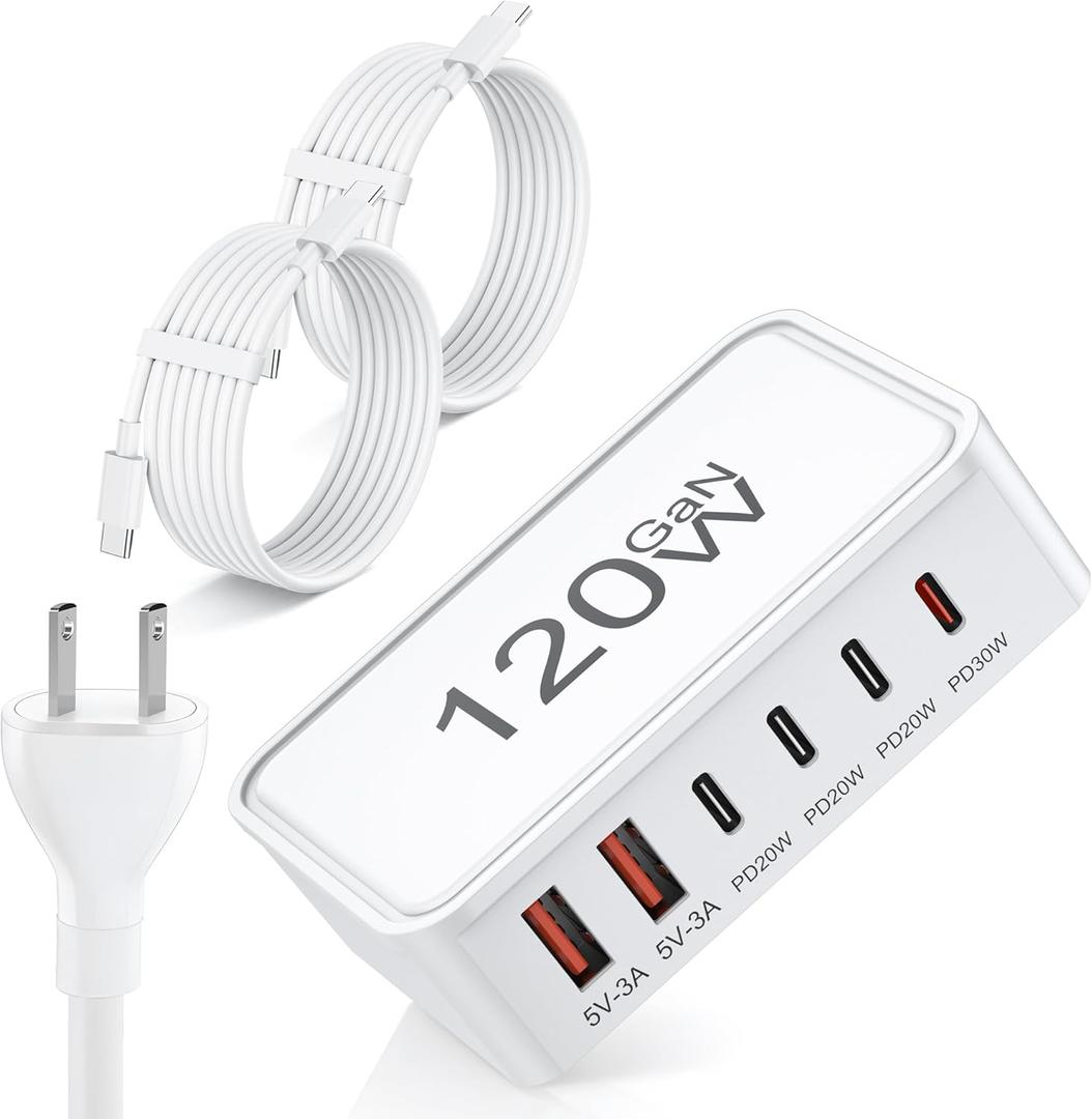 USB C Charger Block, 120W GaN 6-Port Charging Station, 30W Fixed PD Port Type C Charger Fast Charging for iPhone 17/16/15/14, iPad, Galaxy, Pixel, Power Adapter Hub for Travel Home Office (White)