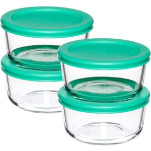 Anchor Hocking 2 Cup Glass Storage Containers with Lids, Set of 4 Glass Food Storage Containers with Mint SnugFit Lids (Mixed Blue)