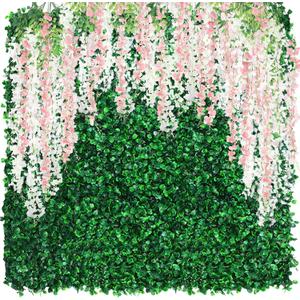 54 Pack Greenery Backdrop with Flowers Include 18 Pcs 16" x 24" Grass Wall Panels Artificial Hedge Boxwood Panels 36 Pcs 3.6 Feet Wisteria Hanging Flowers Garland for Wedding Summer(Light Pink)