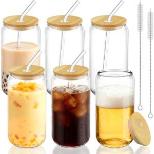 Drinking Glasses with Bamboo Lids and Straw 6pcs Set - 16oz Glass Cups, Iced Coffee Glasses, Cute iced Tea Glasses, Beer Glasses, Ideal for Coffee Bar Accessories, Aesthetic Gift - 2 Brushes