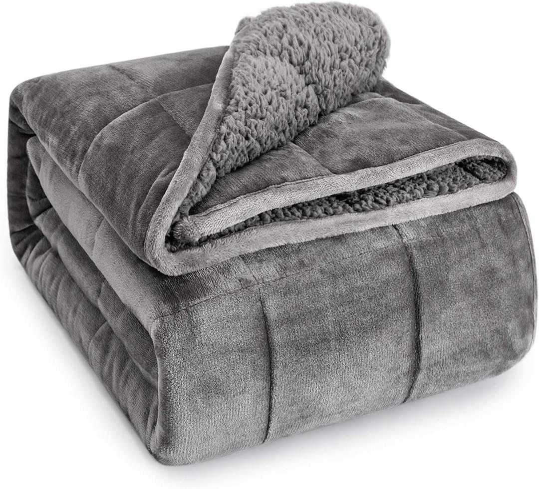 Wemore Sherpa Fleece Weighted Blanket for Adult, 15 lbs Dual Sided Cozy Fluffy Heavy Blanket, Ultra Fuzzy Throw Blanket with Soft Plush Flannel Top, 48 x 72 inches, Grey on Both Sides