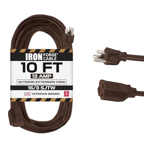 Iron Forge Cable Outdoor Brown Extension Cord 10 ft - 16 Gauge 13 Amp Heavy Duty Brown Outdoor Extension Cords 3 Prong - 16/3 SJTW - Great for Outdoor