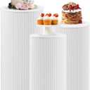 JALANCY Metal Pleated Cylinder Pedestal Stands for Party, 3 Pieces Heavy Duty Round Cake Pedestal Stand Display Plinth Pillars Art Decor for Wedding Ceremony Birthday Party（Medium, White）