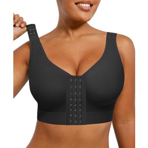 SHAPELLX Post Surgery Bras Front Closure Compression Bra Surgical Wirefree Mastectomy Bra with Adjustable Straps (Black, M)