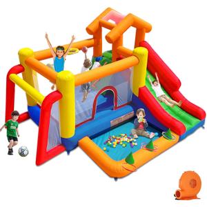 Baralir 7-in-1 Bounce House for Kids 310, Bouncy Castle with Long Slide, Kiddie Pool (Ball Pit), Soccer Goal, Climbing Wall, Basketball Hoop and Ring Toss Game - for Indoor or Backyard Fun