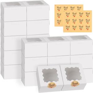 WINKIO 24pcs White Cookie Boxes, 4x4x2.5 Inches Bakery Boxes with Window, for Mini Cake Treat Dessert Pastry Donuts Macaroon Strawberries Chocolate Candy (with Stickers)