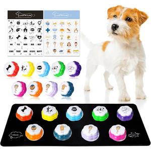 Dog Buttons for Communication, 9pcs Recordable Talking Buttons Set with Mat & Stickers, Pet Training Buttons for Dogs & Cats, Speaking Buttons