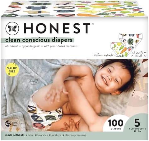 The Honest Company Clean Conscious Diapers | Plant-Based, Sustainable | So Delish + All the Letters | Super Club Box, Size 5 (27+ lbs), 100 Count