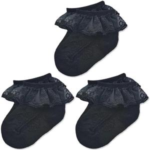 Baby Lace Socks Baby Girl Double/Eyelet Lace Ruffle Frilly Socks for Newborn Infant and toddlers Gift Set (Black, S)