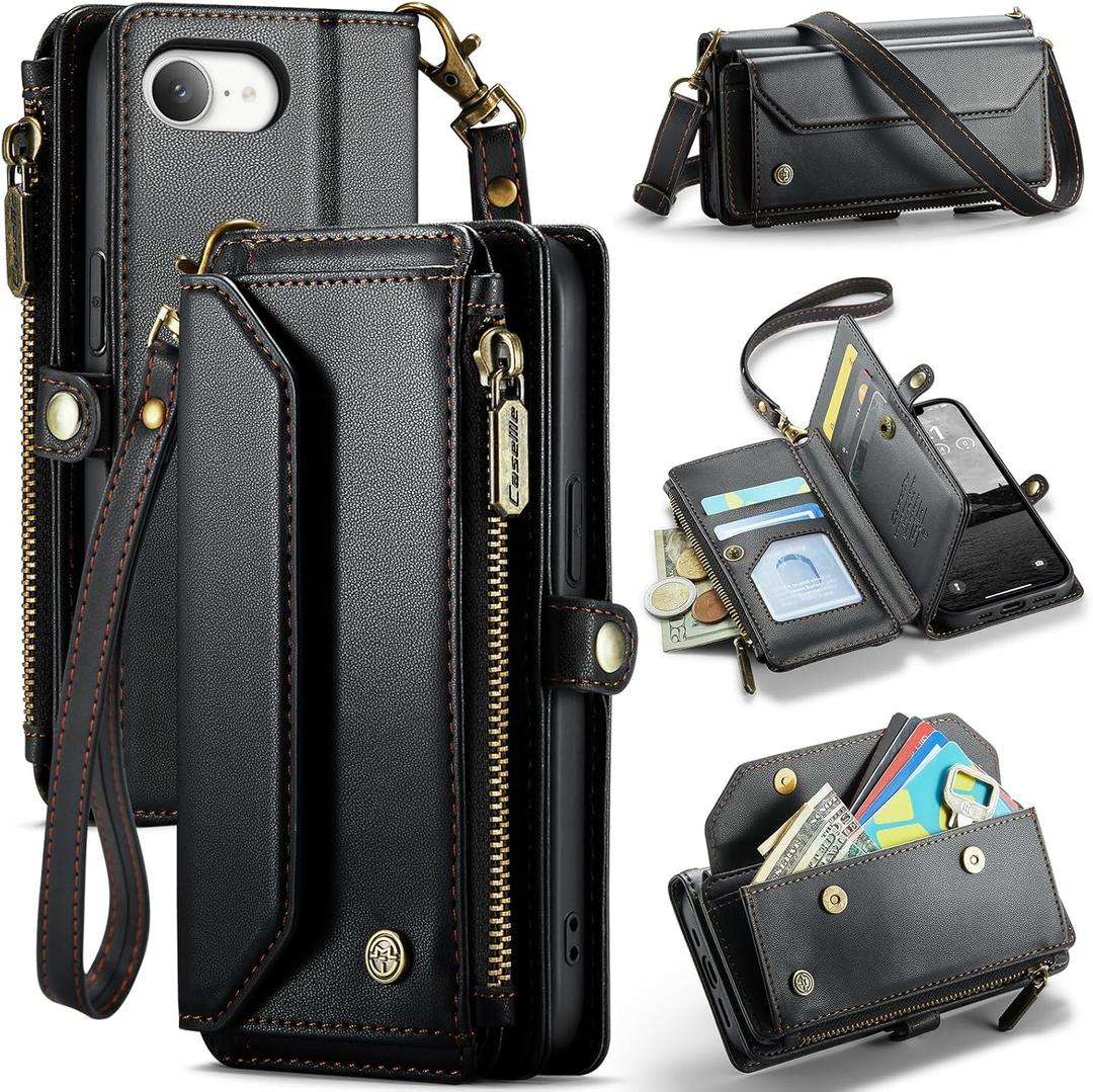 for iPhone 16E (2025) Case, Women Men Multi-Function Wallet Case with Stand RFID Blocking Featuring Magnetic Closure Zipper for iPhone 16E (iPhone SE 2025) 6.1" (Black) 