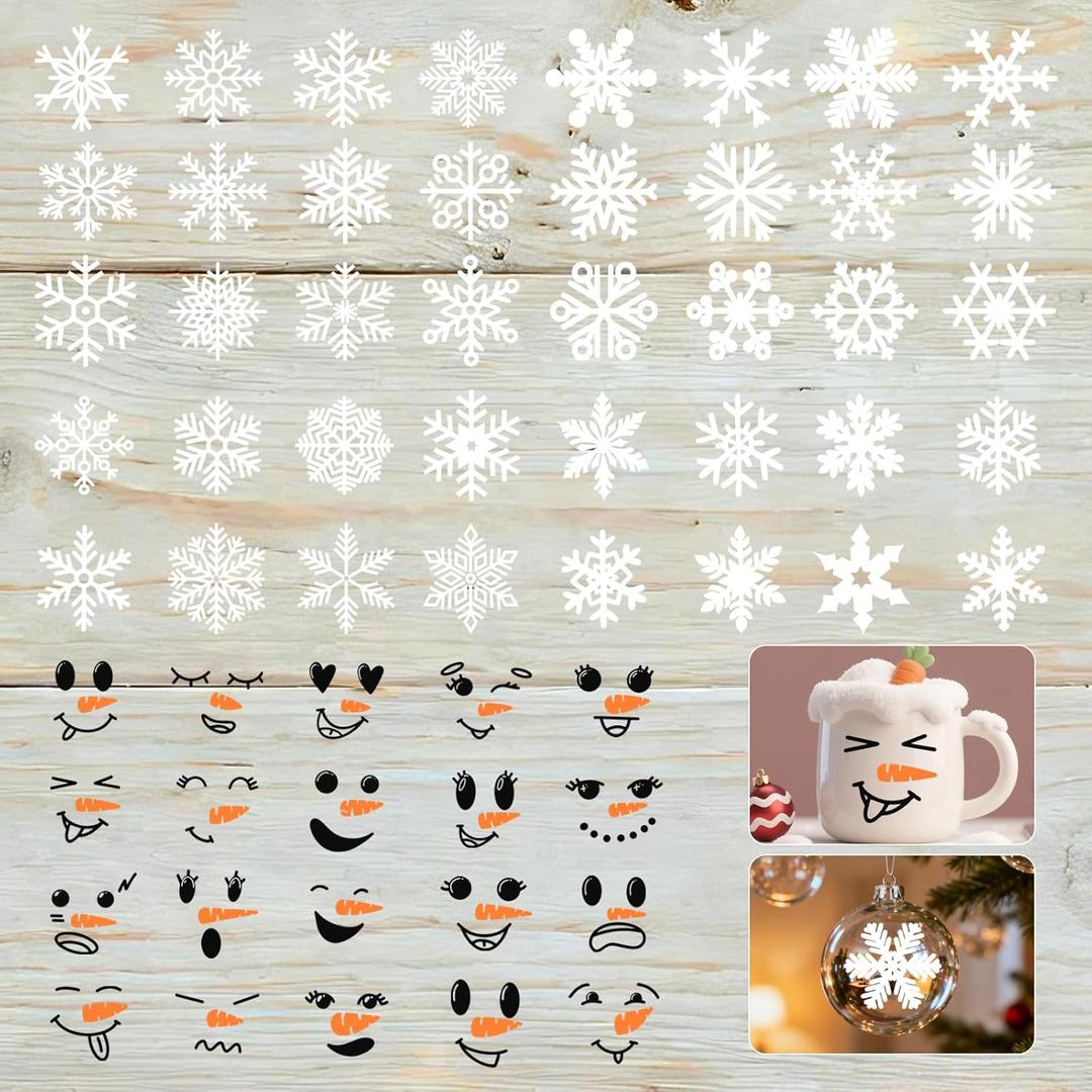 60PCS Christmas Transfer Stickers  20 Snowman Face for Crafts + 40 Snowflake Transfer Stickers for Ornaments, DIY Snowman Face Decals for Christmas Decorations1.5 * 1.5 in (White)