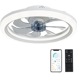 OurEDee 20'' Ceiling Fan with Lights & Remote, Low Profile, 6 Wind Speeds, Dimmable Light, Modern White Flush Mount, Smart for Home (White+Grey)