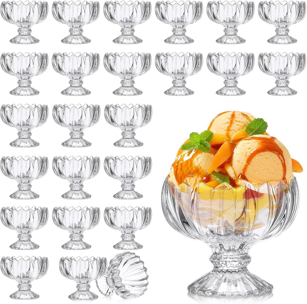 Mumufy 24 Pcs 4 oz Tulip Footed Small Dessert Cups Set Clear Glass Dessert Bowls Mini Ice Cream Sundae Bowls Serving Trifle Dish Cute Parfait Glasses for Fruit Salad Cocktail Condiment Holiday Party, Size in capacity: approx. 4 oz/ 120 ml