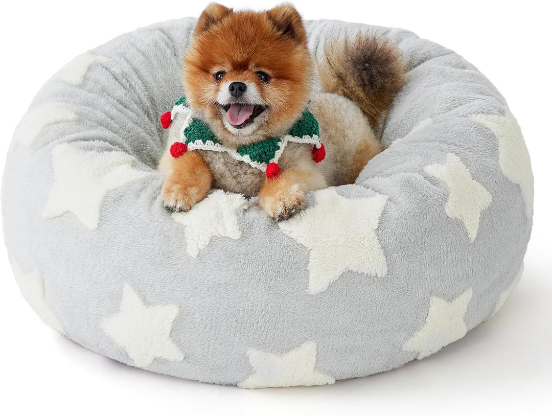 LE SURE Shown on TV Donut Medium Dog Bed - Round Cat Beds for Indoor Cats Calming Bed Gift for Pets, Cute Modern Beds with Jacquard Shaggy Plush & Anti Slip Bottom, 30 Inch, Ice Melt (Bow Ice Blue)
