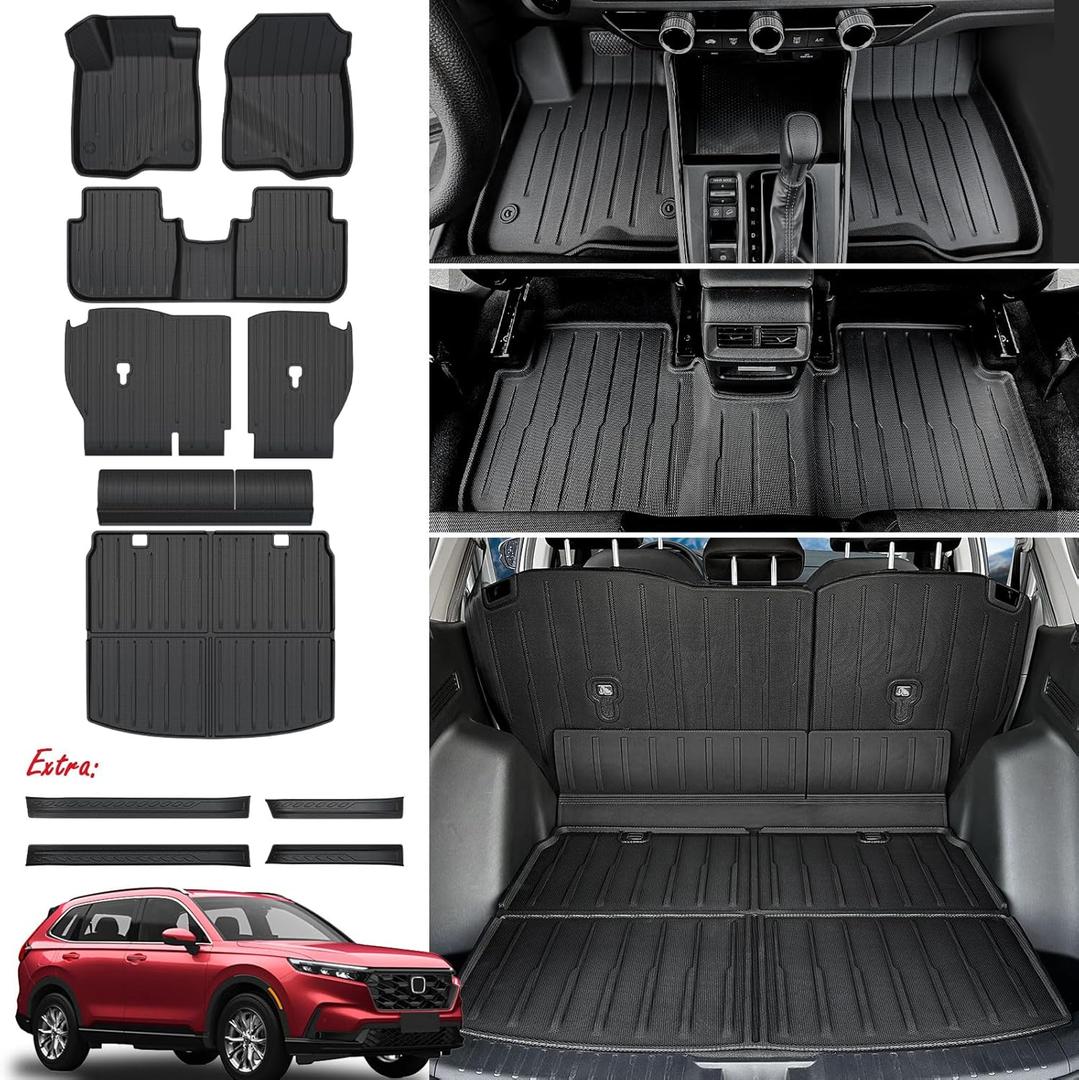 JOULARISE Floor Mats Cargo Mat Set for Honda CRV 2026 2025 2024 2023 Car Mat Accessories(Include Hybrid), All Weather TPE Cargo Liner Door Sill Protectors for CR-V Gas Hybrid(Full Set Mats)