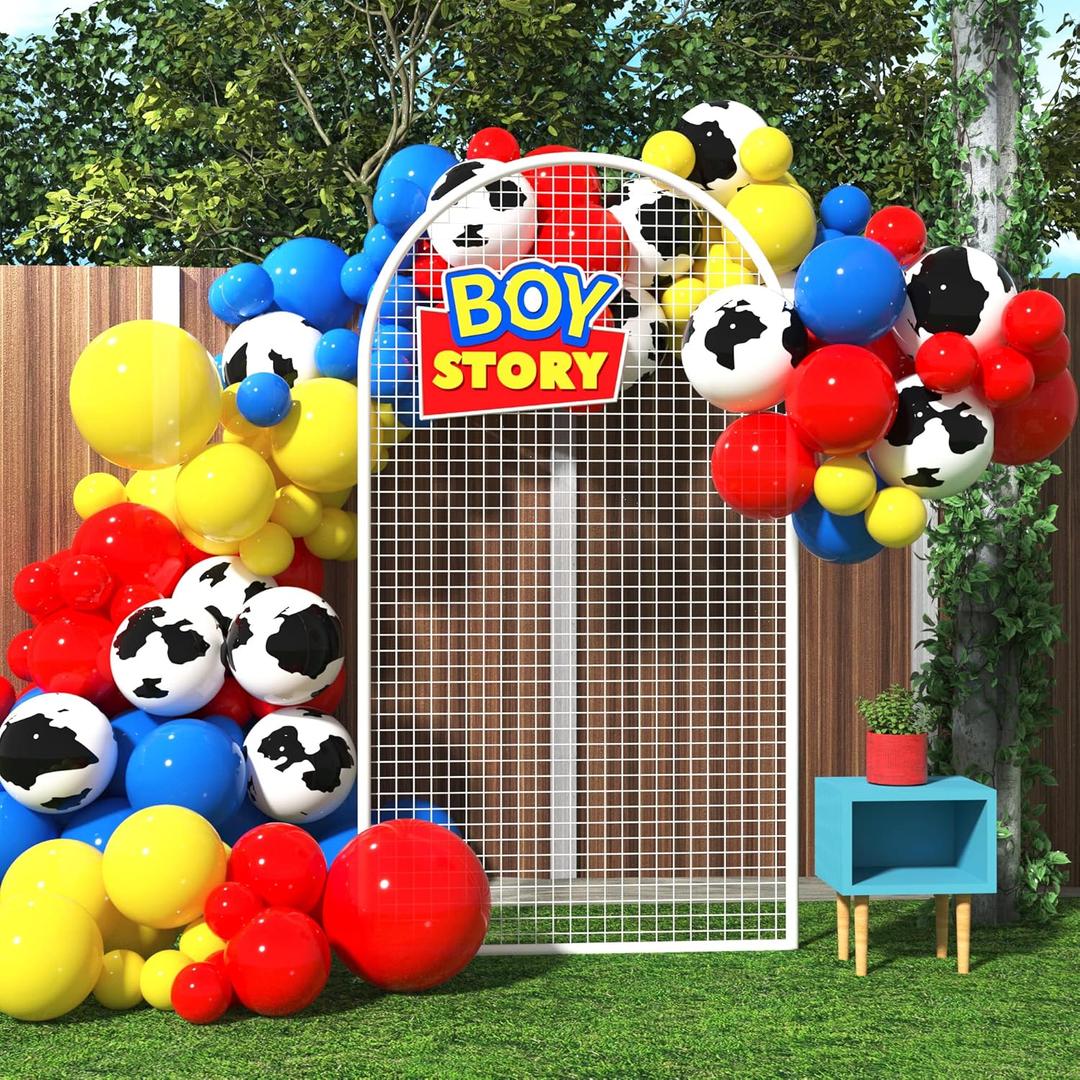 HOUSE OF PARTY Boy Story Balloons Garland - 110 Pcs | Toy Inspired Story Balloons with Red, Yellow, Blue & Cow Print | Theme for Baby Shower & Birthday Party Supplies Decorations