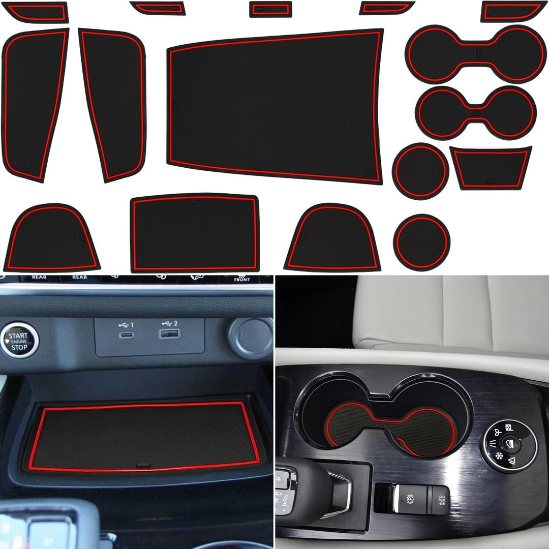 Center Console Liner for Nissan Rogue Accessories 2021-2024 2025 2026, Cup Holder Mat, Door Pocket Pad, Coaster Trim, Non-Slip Dust Interior, Custom Rubber Decoration Insert (17 Pcs, Red Trims)