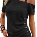 Womens Off Shoulder Tops Summer Asymmetrical Shirts Short Sleeve Button Ruched Blouses 2024 (Medium, Black)