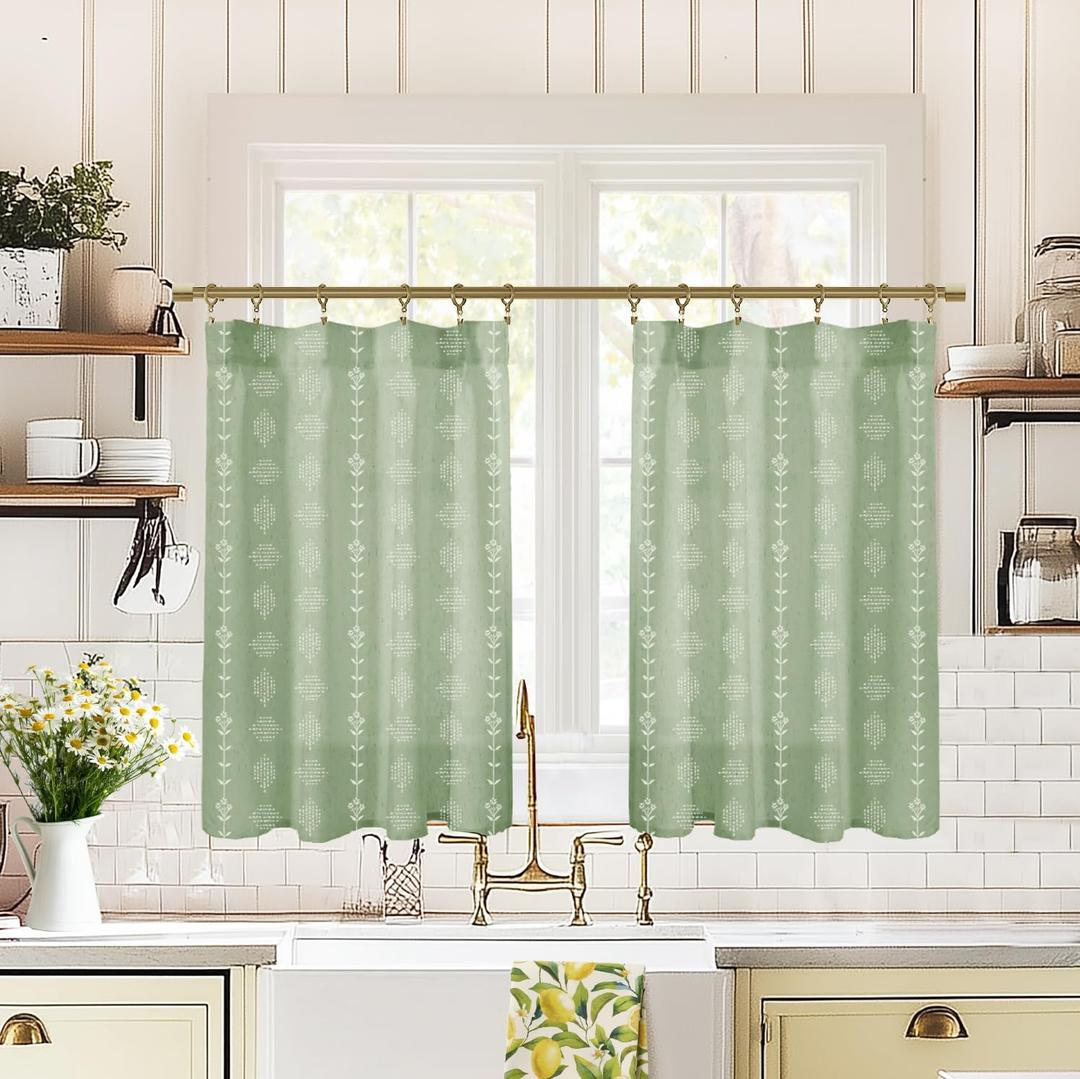 Short Curtains for Windows Bathroom Bedroom,Green Boho Cute Aesthetic Farmhouse Sheer RV Window Curtains (24"W x 36"L (Pack of 2), Sage)