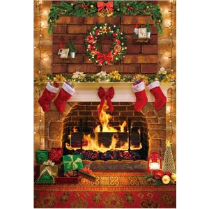 Funnytree 5x7FT Christmas Fireplace Photography Backdrop Rustic Red Brick Wall Background Merry Xmas Eve Party Supplies Decoration Banner Portrait Photo Booth Studio Props