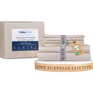 Therapedic 100% Egyptian Cotton Queen 6-Piece Sheet Set  Naturally Cooling & Breathable Sateen, Preshrunk Garment Wash, 16" Deep Pocket Fitted Sheet, Bonus Pillowcases, Soft & Durable - Fog