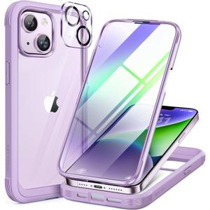 Miracase Glass Series Designed for iPhone 14 Case 6.1 inch, 2023 Upgrade Full-Body Clear Bumper Case with Built-in 9H Tempered Glass Screen Protector and Camera Lens Protector,Purple (iPhone 14 6.1'')