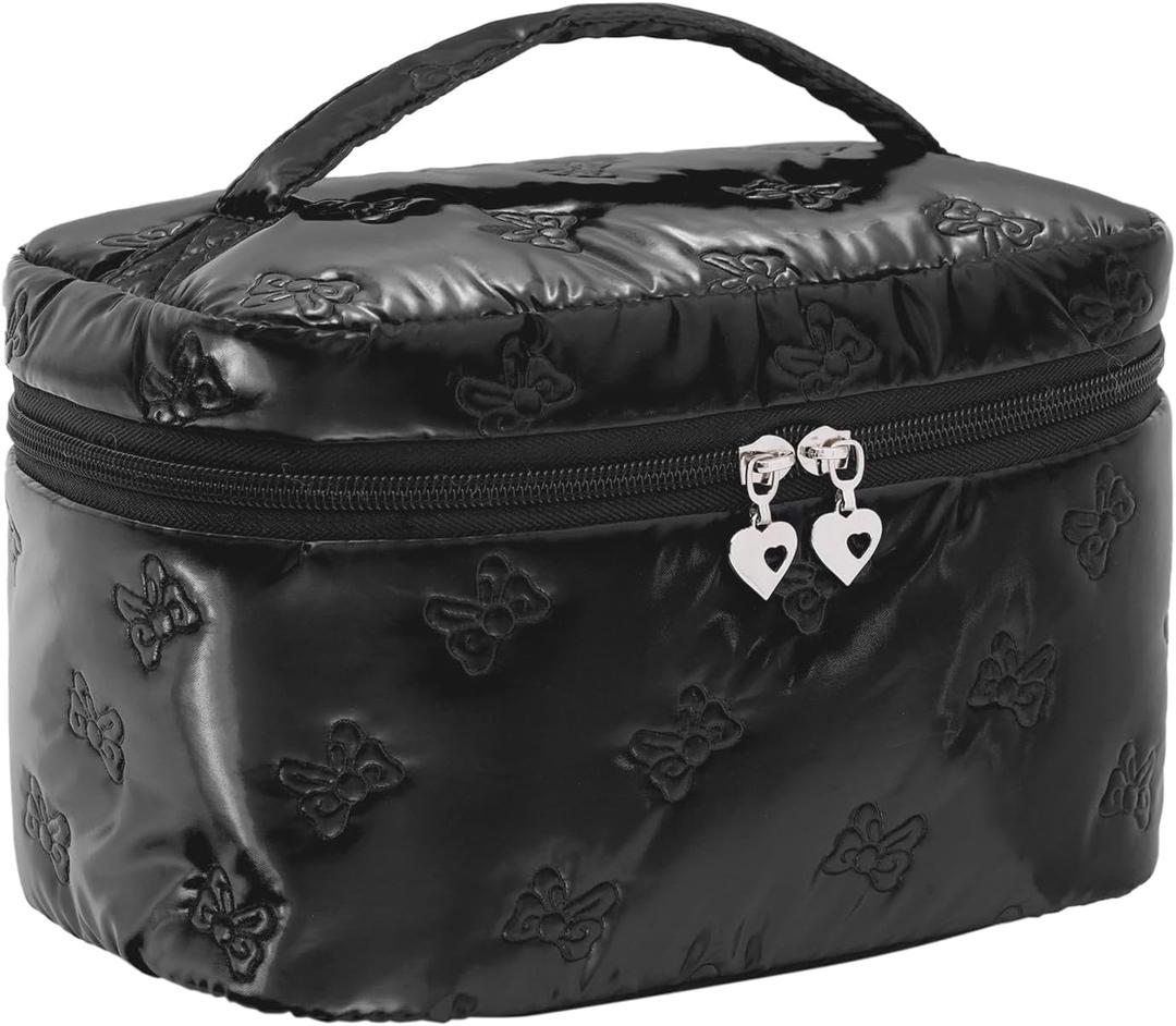 Large Cosmetic Bags Travel Makeup Bag with Mesh Pocket Portable Cute Toiletry Bag Aesthetic Make Up Organizer with Handle for Women (Black)